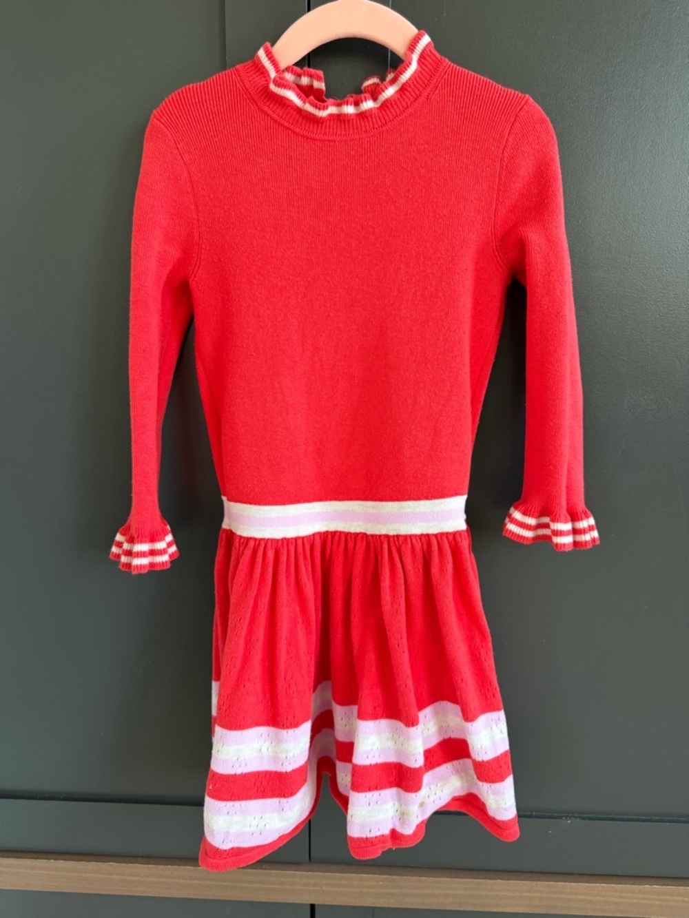Mini Boden Red Orange Knit Dress w/ Lavender Stripe & Ruffle Accents | 3-4Y